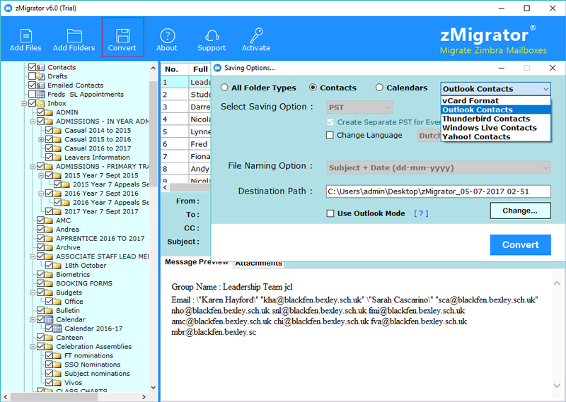 zimbra server contact to outlook