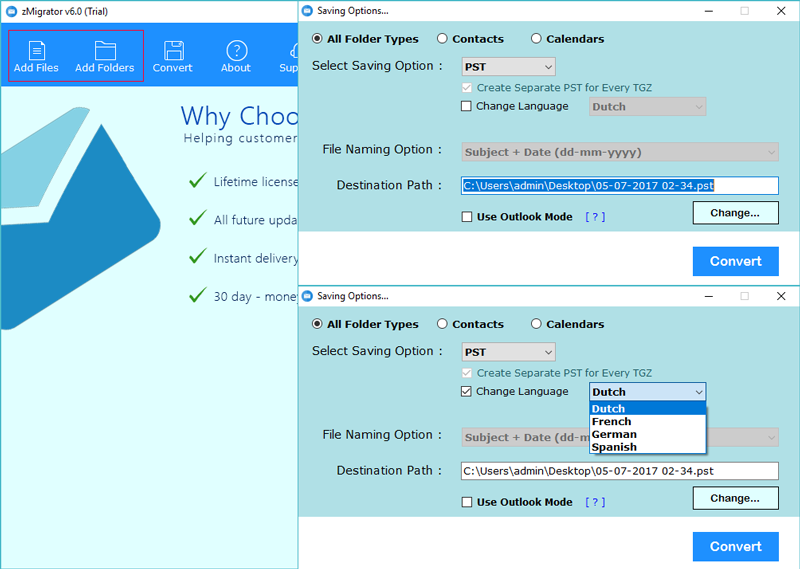 select language, destination path