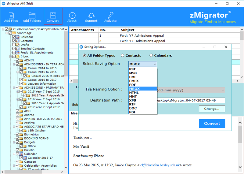 choose mbox file format